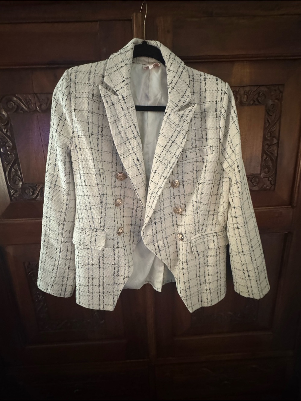 entro Cream Tweed Double-Breasted Blazer with Black Windowpane